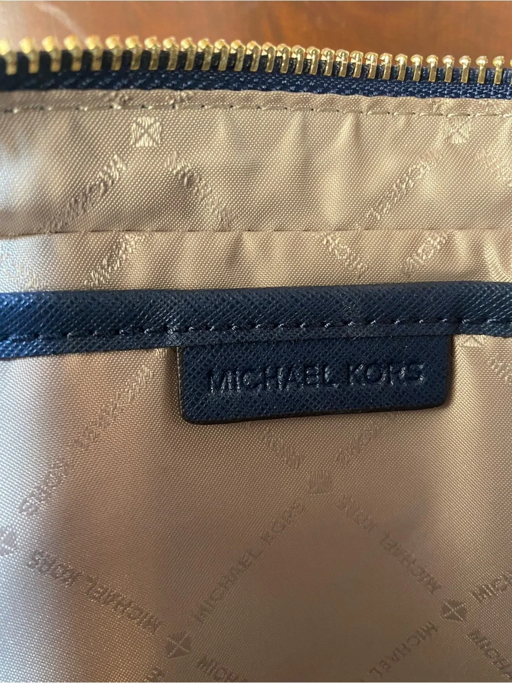 Michael Kors Sandrine Gold Studded MK EW Crossbody Bag Navy Saffiano Leather